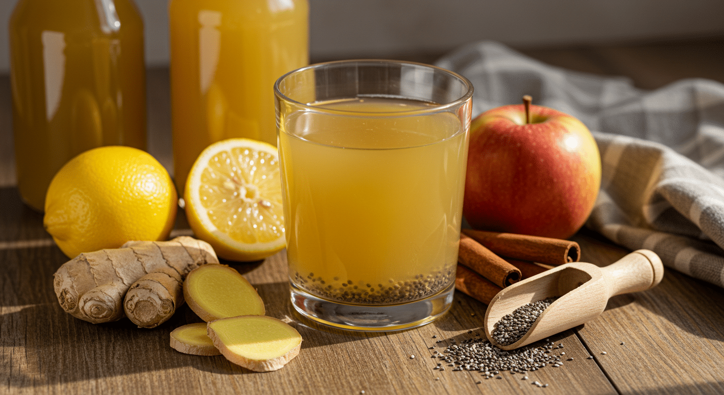 Natural Ozempic Drink Recipe in a glass on a wooden table, surrounded by its fresh ingredients including ginger, lemons, an apple, cinnamon sticks, and chia seeds.