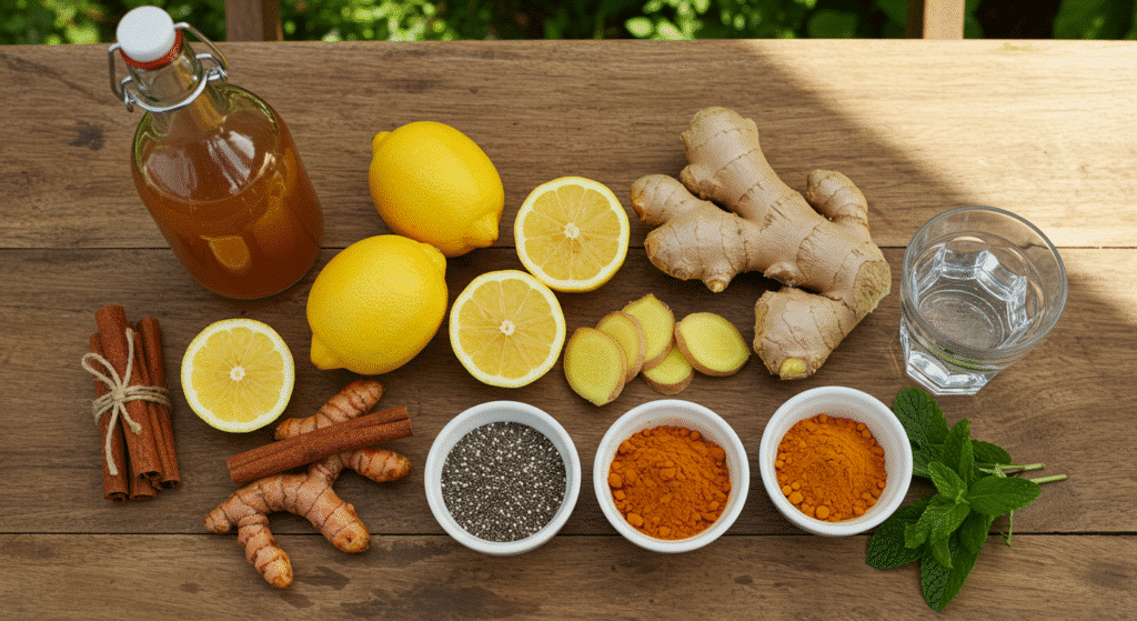 Natural Ozempic Drink ingredients — lemons, ginger, apple cider vinegar, turmeric, chia seeds, cinnamon, and water on a wooden table outdoors.