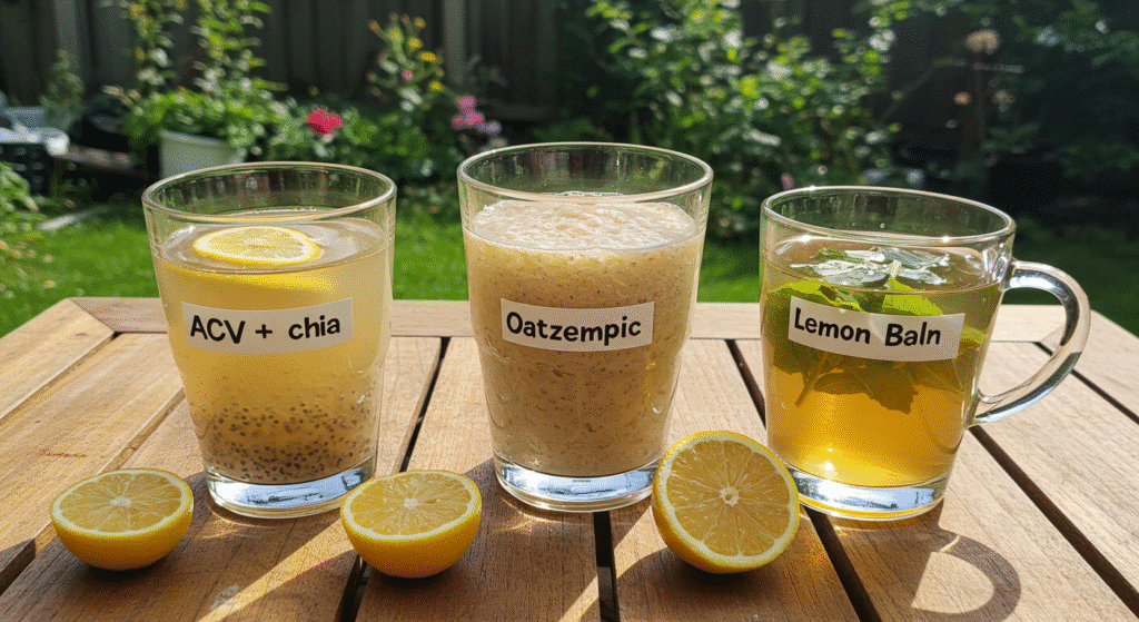 three natural ozempic recipe drinks acv with chia oatzempic and lemon balm tea on wooden table outdoors