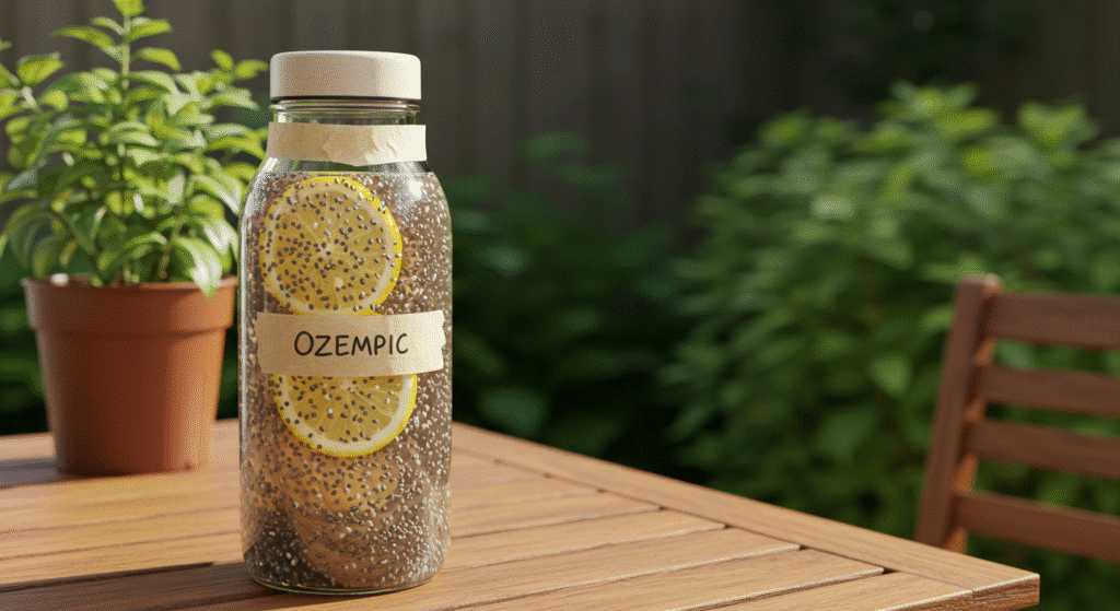natural ozempic recipe drink with chia seeds and lemon stored in reusable glass bottle outdoors