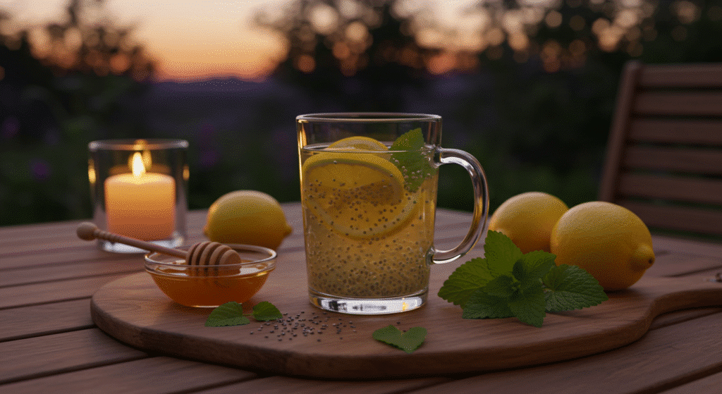 nighttime natural ozempic recipe with chia lemon balm honey and candlelight on wooden table