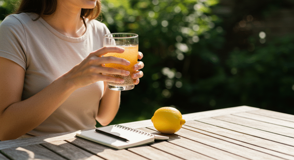 woman drinking natural ozempic recipe with chia seeds on wooden table outdoors