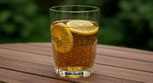 natural ozempic recipe drink with chia seeds and lemon slices on wooden table