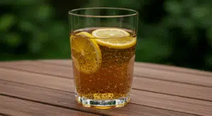 natural ozempic recipe drink with chia seeds and lemon slices on wooden table