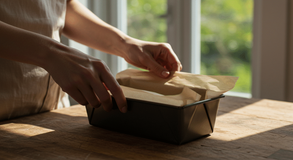 Cottage cheese bread loaf pan lined with parchment paper on a rustic wooden table in natural sunlight