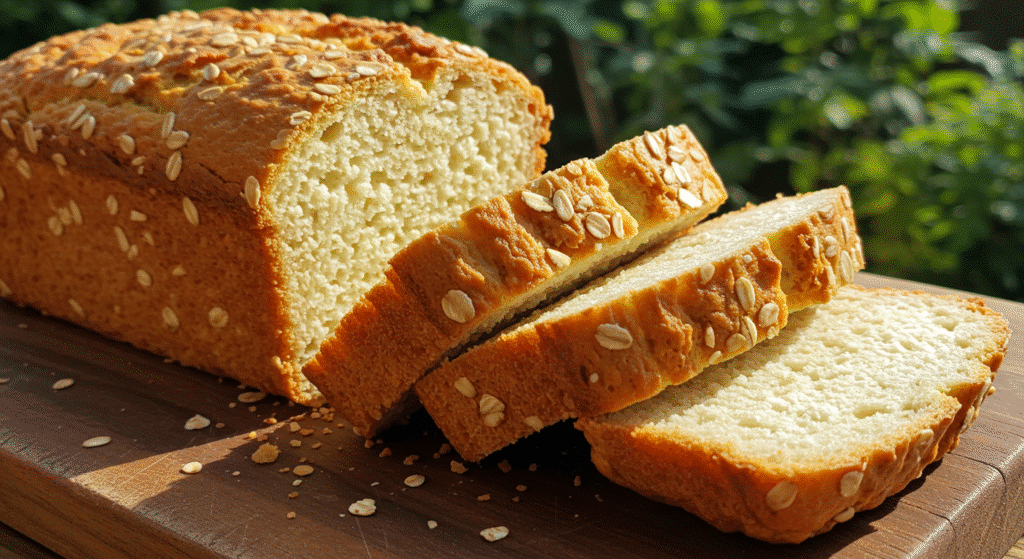 Cottage cheese bread freshly baked loaf with oats, sliced to show soft texture on a wooden board in natural sunlight.