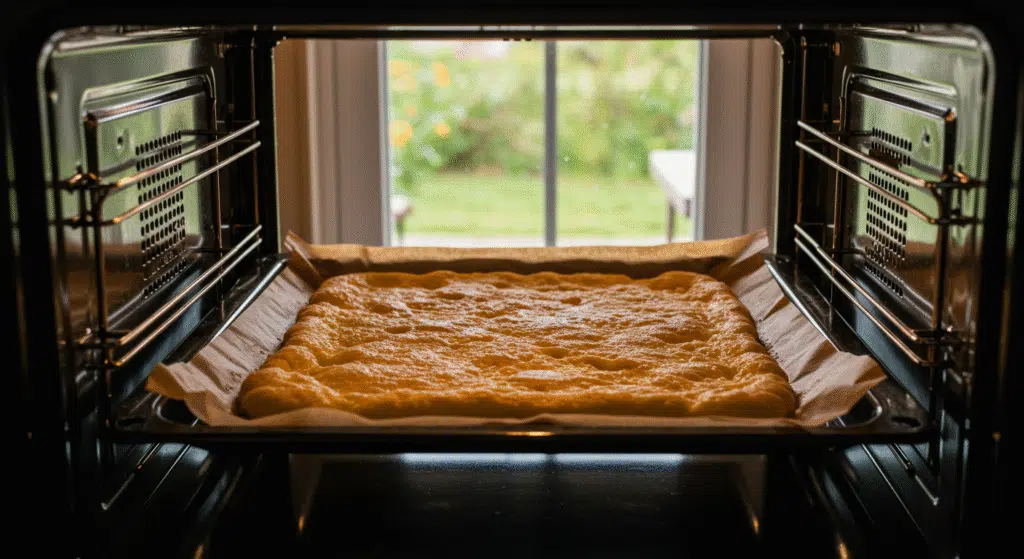 Cottage Cheese Flatbread Recipe baking in the oven on parchment-lined tray with golden surface, viewed through the open oven door