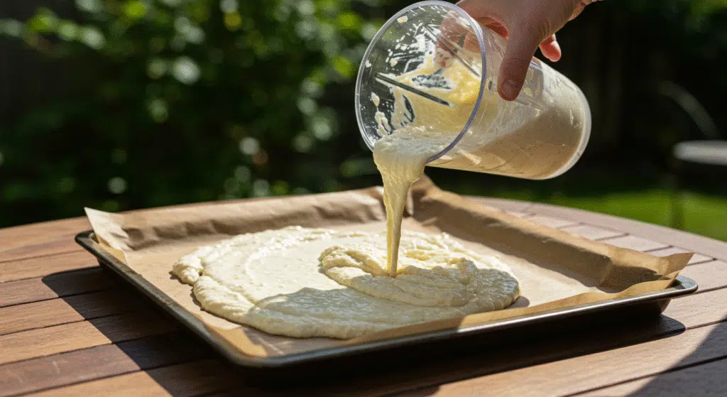 Cottage Cheese Flatbread Recipe batter being poured onto a parchment-lined baking tray outdoors in sunlight for GLP-1-friendly cooking