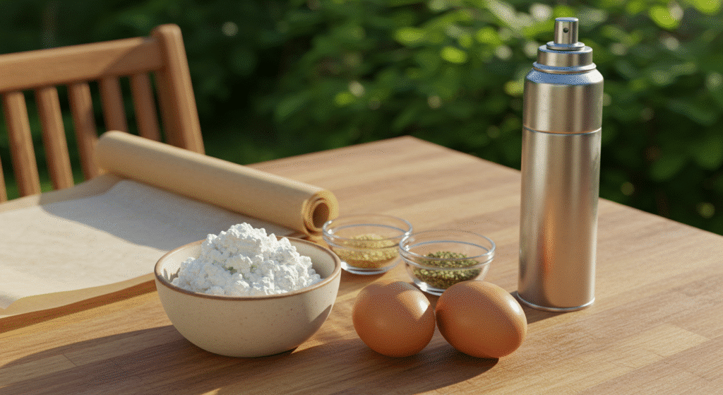 Cottage Cheese Flatbread Recipe ingredients including eggs, cottage cheese, herbs, and parchment paper on a wooden table outdoors