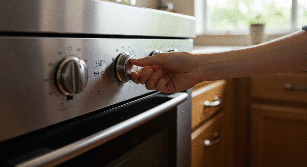 Cottage Cheese Flatbread Recipe oven preheat to 350°F with hand adjusting the temperature dial in a sunlit home kitchen