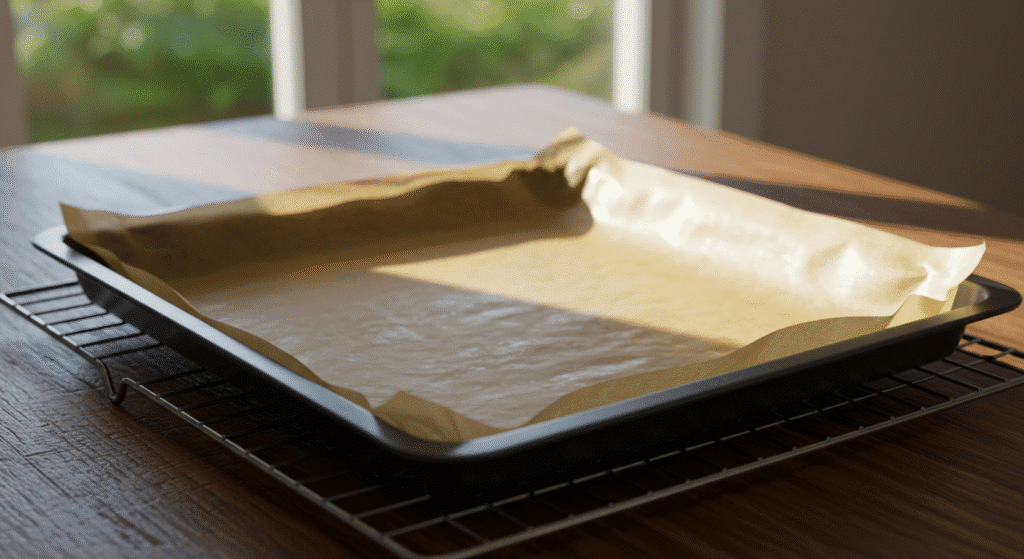 Cottage Cheese Flatbread Recipe baking tray lined with parchment paper and sprayed with oil, ready for batter on a wooden table