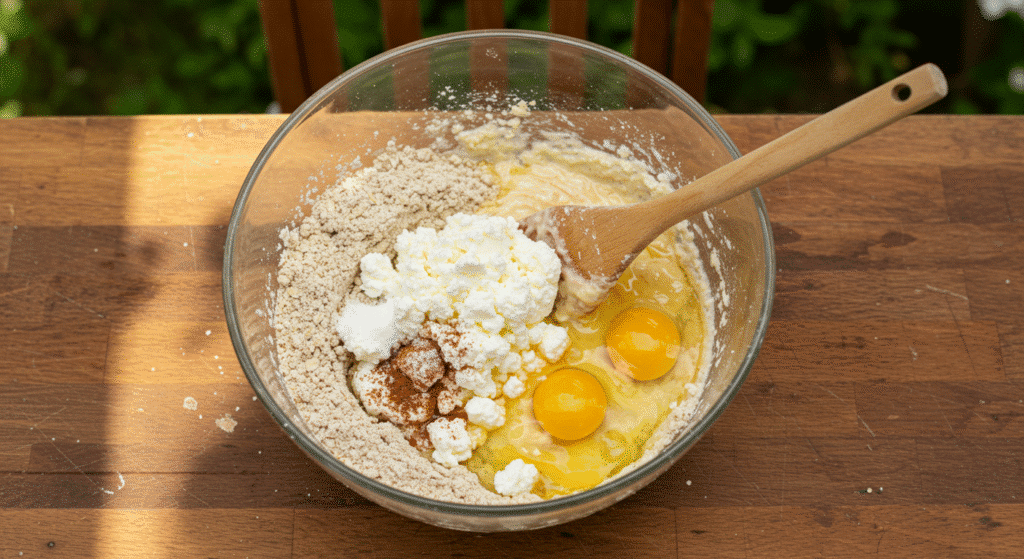 cottage cheese bread batter mixing on rustic wooden table.jpg