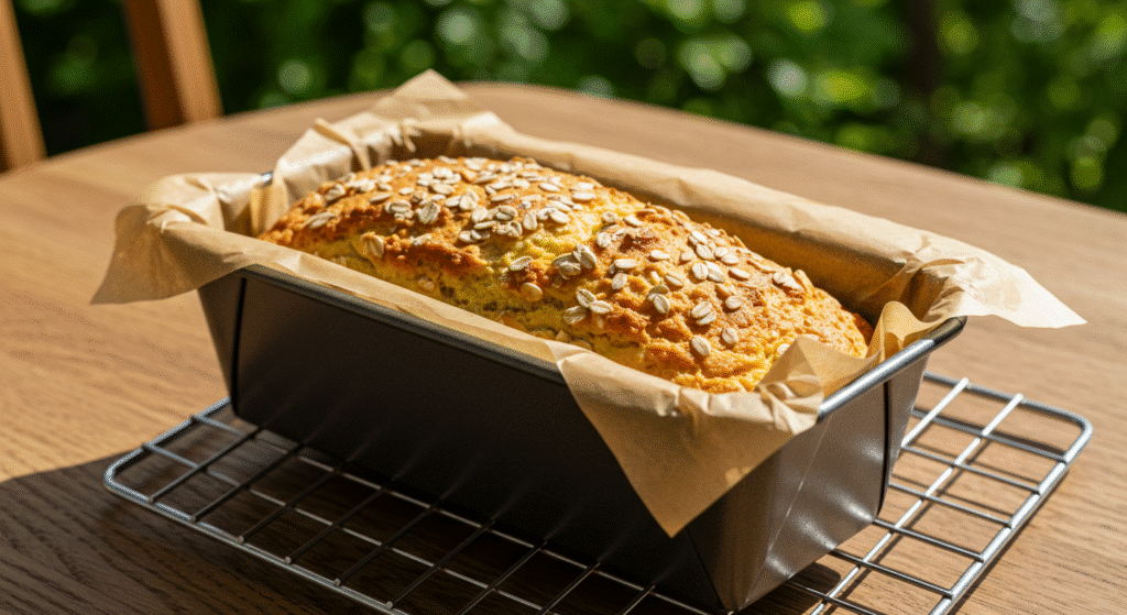 cottage cheese bread loaf cooling on rustic wooden table.jpg