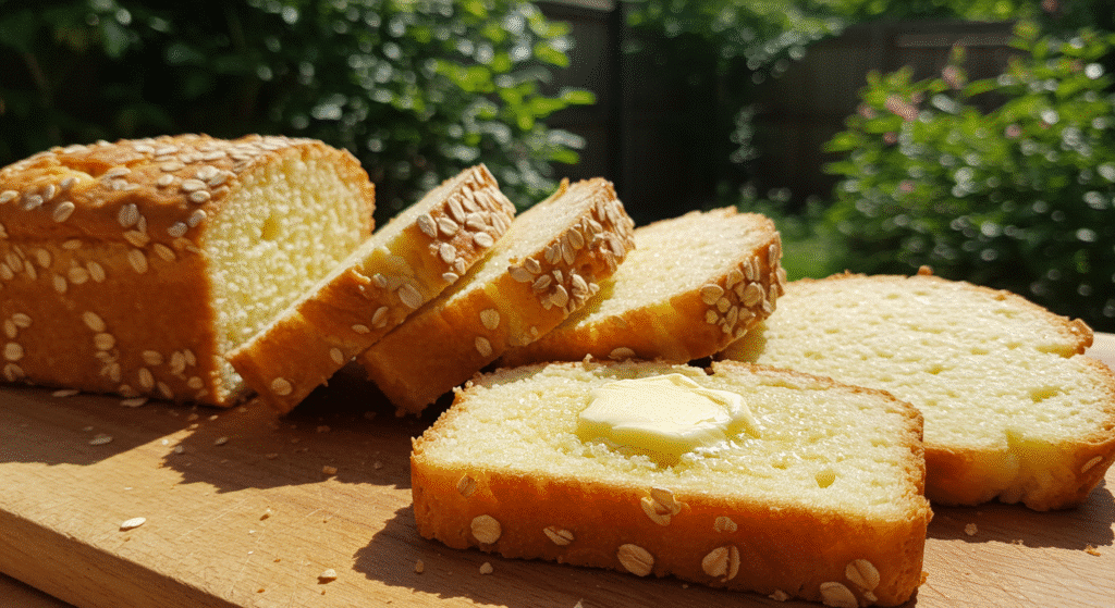 Cottage cheese bread slices with oat topping on a wooden board in bright natural sunlight with one buttered slice
